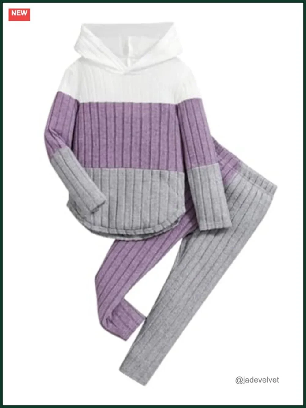 Colorblock Ribbed Long Sleeve Hoodie Sweatsuit Set for Girls